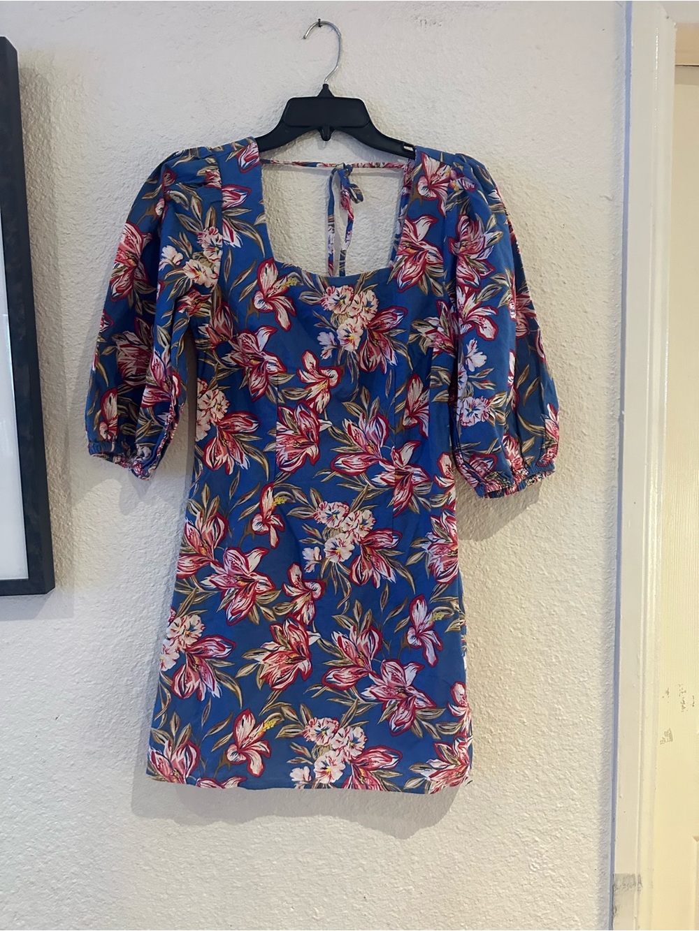 a new day Blue Floral Mini Dress with Puff Sleeves